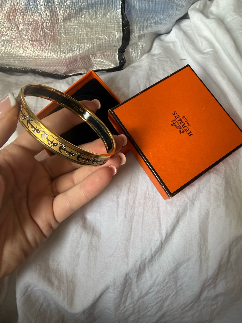 Hermes Gold and Black Enamel Bangle Bracelet